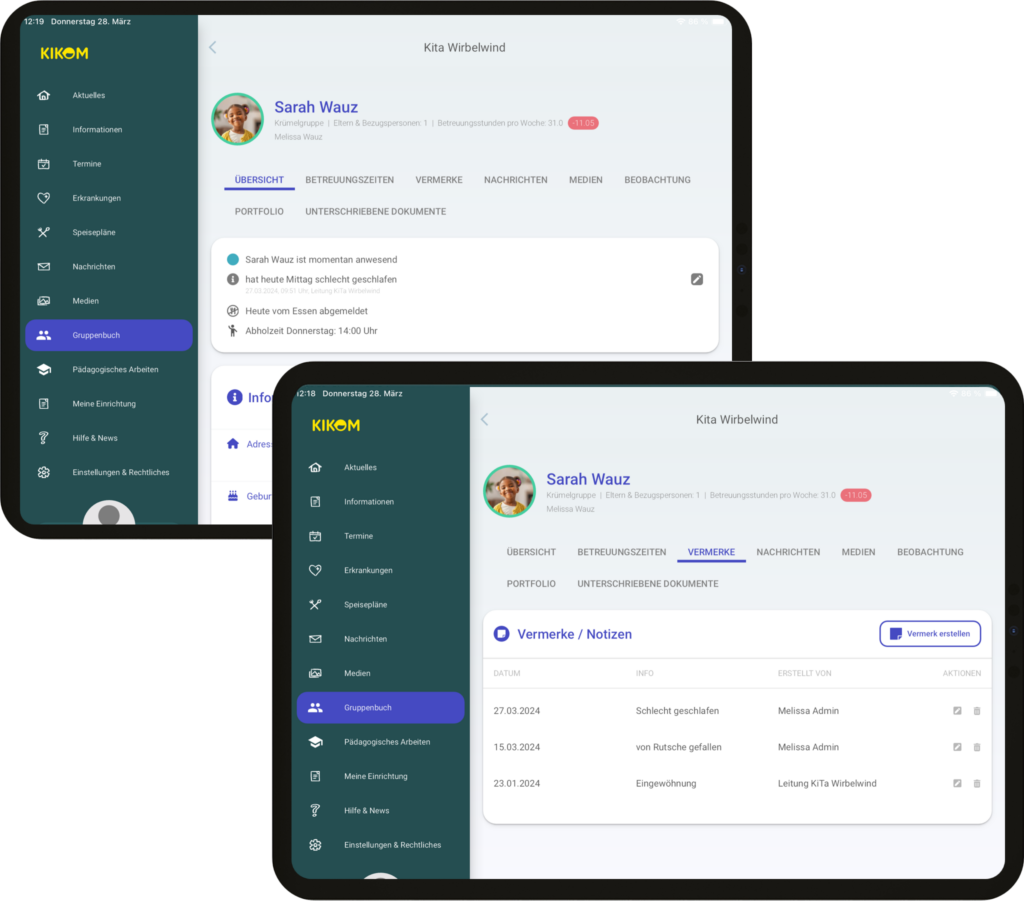 Das Bild zeigt die Benutzeroberfläche der KIKOM-Software auf zwei Tablets, mit einer dunklen Seitenleiste für Navigation und einem Hauptbereich mit dem Profil eines Kindes. Tabs wie „Übersicht“ und „Vermerke“ enthalten Informationen zu Anwesenheit, Notizen und Betreuungszeiten.