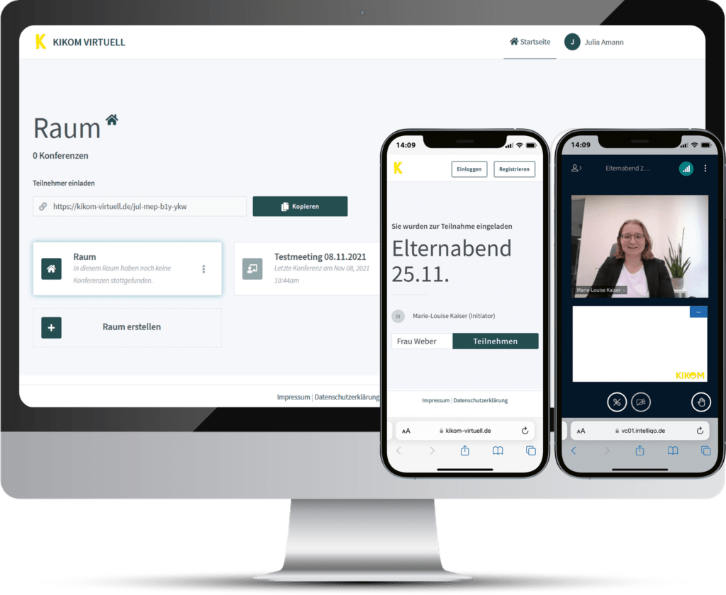Ein Computerbildschirm und zwei Smartphones zeigen KIKOM-Software mit der virtuelle Konferenz.