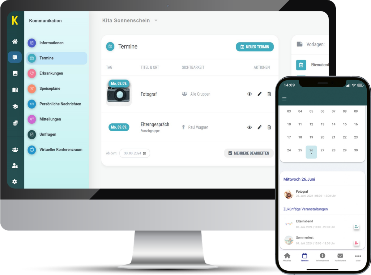 Smartphone und Computer zeigen KIKOM-App mit Informationen, die ganz einfach mit den Eltern geteilt werden können.