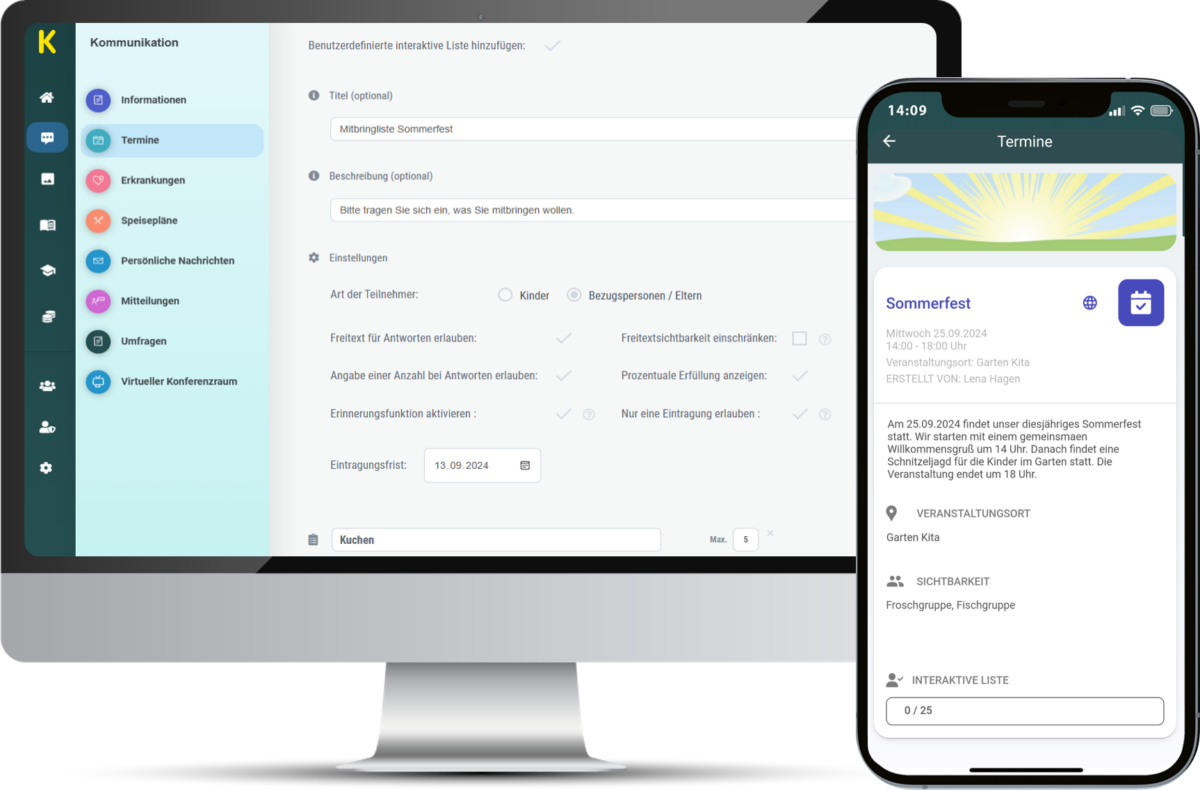 Smartphone und Computer zeigen KIKOM-App mit Funktionen zur Kommunikation der Termine.