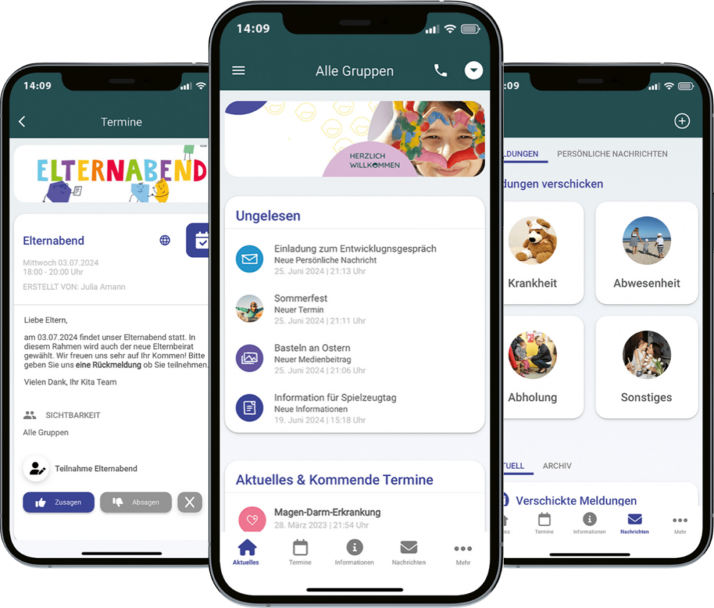 Smartphones zeigen KIKOM-App mit Funktionen zur Kommunikation von Kindertagesstätten, wie z.B. ungelesene Informationen, anstehende Termine und Krankheitsfälle.