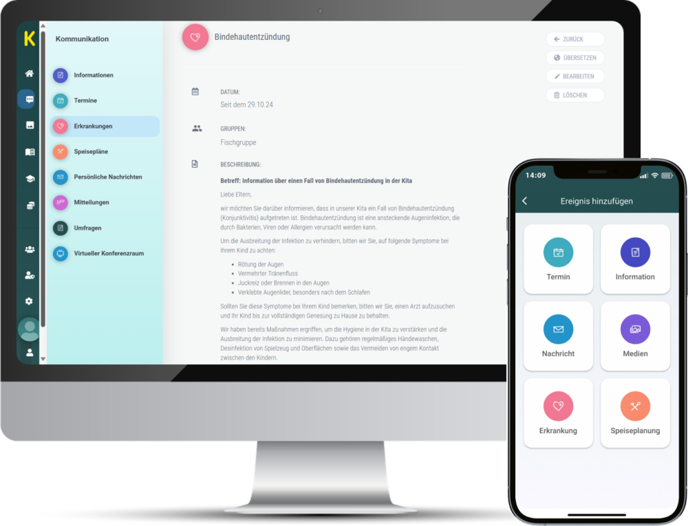 Smartphone und Computer zeigen KIKOM-App mit der Erkrankung-Benachrichtigung, die ganz einfach mit den Eltern geteilt werden können.