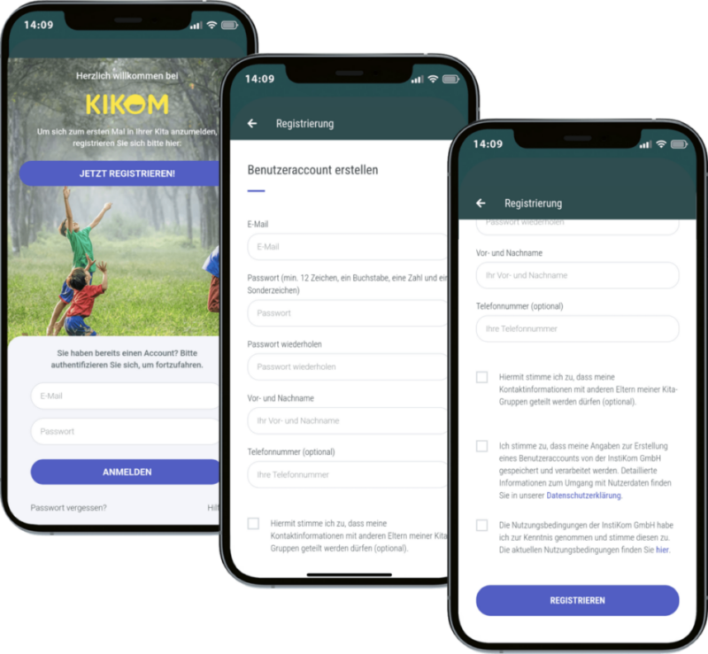 Drei Smartphones zeigen den zweiten Schritt des Registrierungsprozesses.