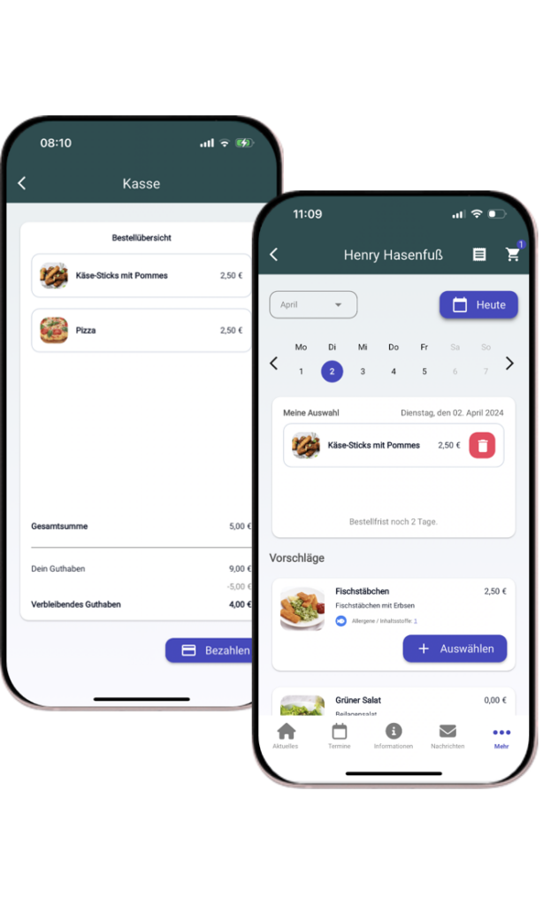 Zwei Smartphones zeigen KIKOM-App mit Essensanmeldung und -Abmeldung Funktionen.