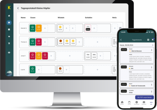 Das Tagesprotokoll erfasst Essenszeiten, Wickelvorgänge, Schlafdauer und Notizen für Kinder. Die Desktop-Version zeigt eine tabellarische Übersicht, während die mobile Ansicht detaillierte Einträge für den Tag mit Zeitangaben und Notizen bietet.