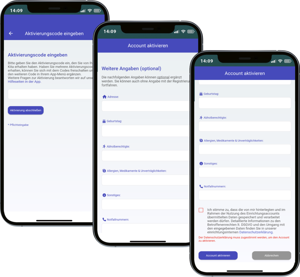 Drei Smartphones zeigen den nächsten Schritt des Registrierungsprozesses.