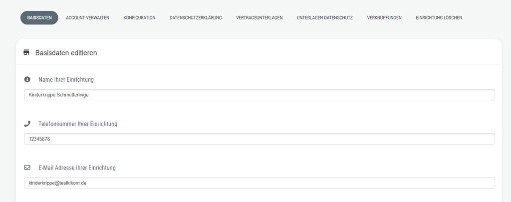 Die Anpassung der Startseite mit den Basisinformationen.