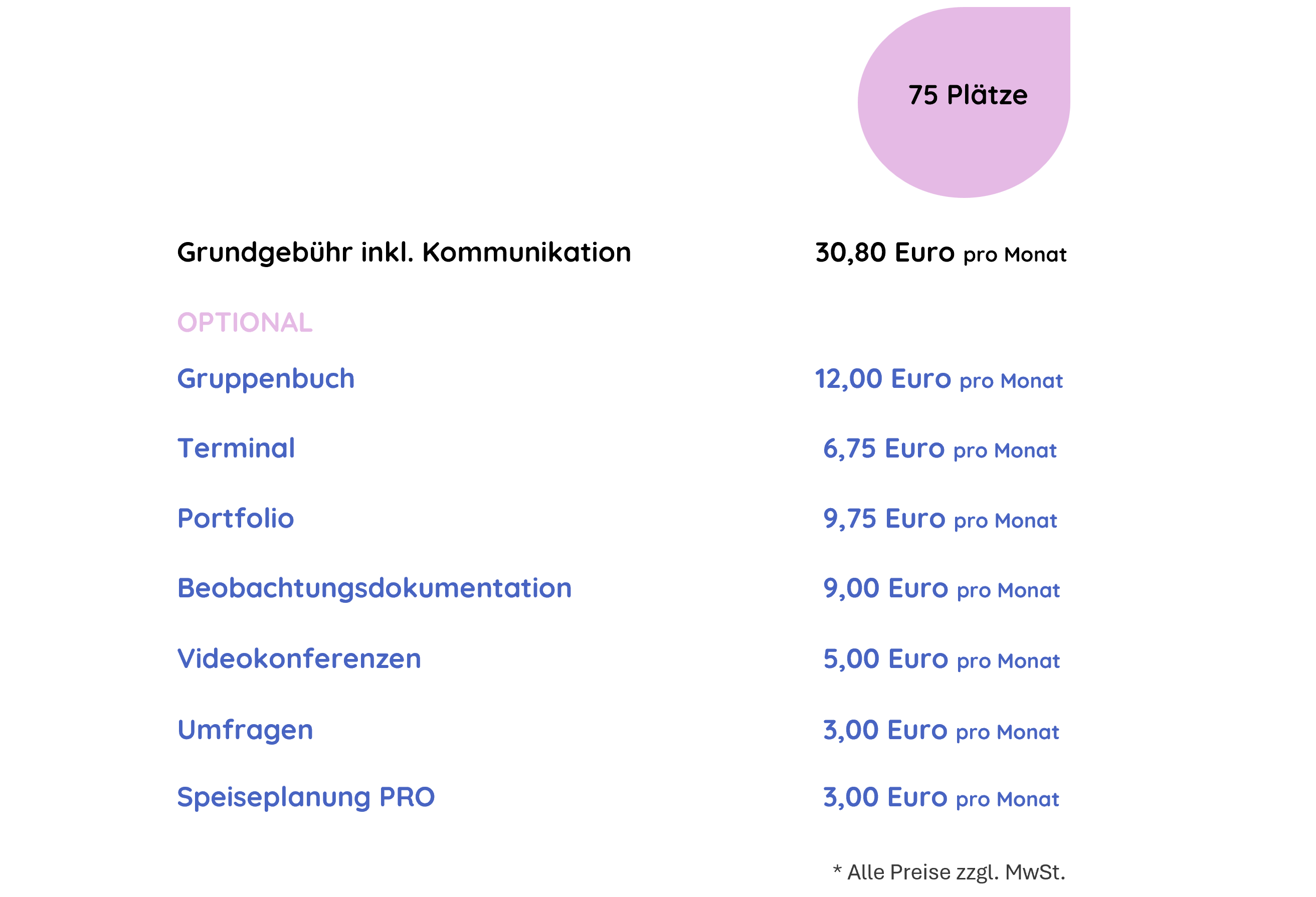 Rechenbeispiel für die Grundgebühren inklusive Kommunikation für 30,80 Euro pro Monat. Alle Preise zuzüglich Mehrwertsteuer.