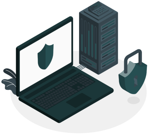 Laptop mit Sicherheitssymbol, Server und Vorhängeschloss.