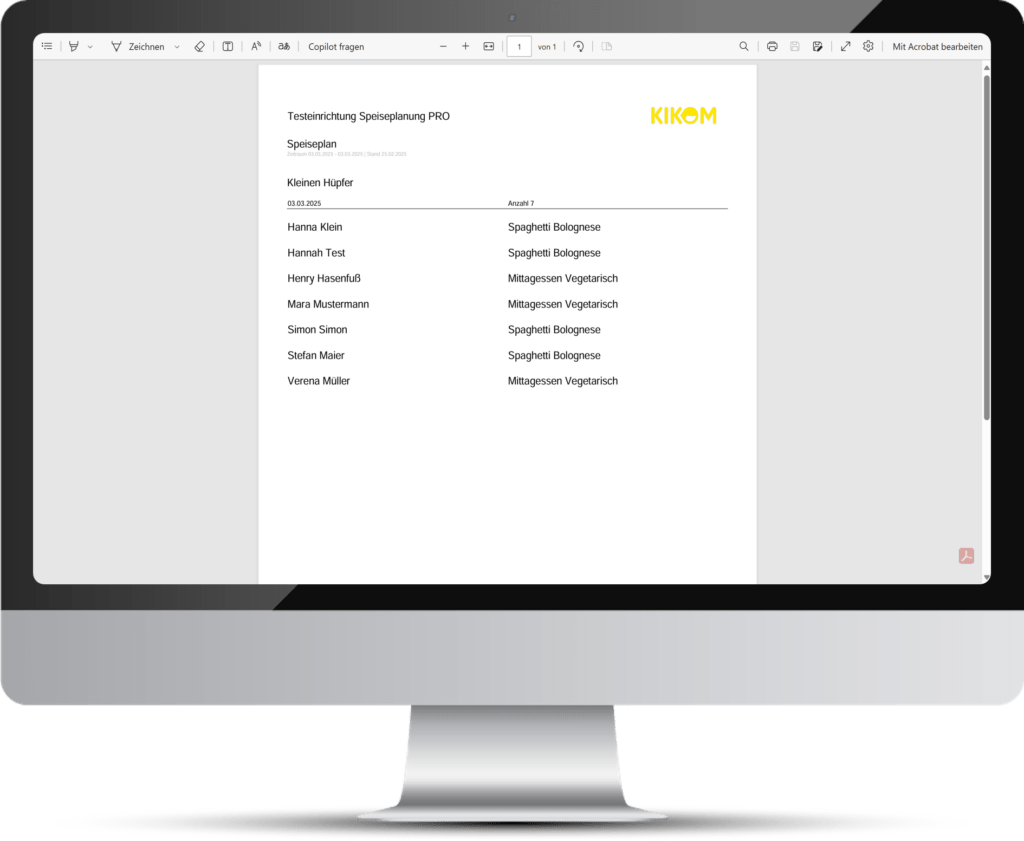 Computerbildschirm zeigt KIKOM-Software mit Speiseplanung Pro-Funktion.