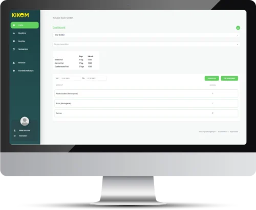 Computerbildschirm zeigt KIKOM-Software mit Caterer-Portal-Oberfläche.
