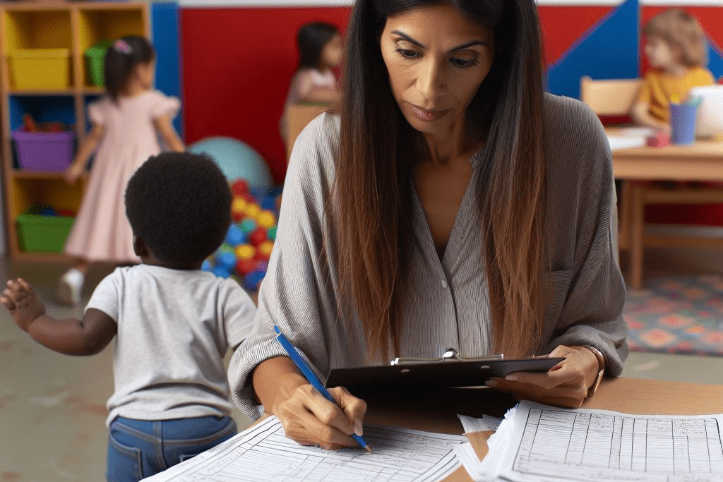 Eine Erzieherin füllt einen Beobachtungsbogen aus. Sie sieht sehr angestrengt aus. Im Hintergrund spielen die Kinder.