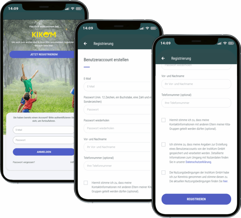 Drei Smartphone-Bildschirme zeigen den Registrierungsprozess in der KIKOM App.
