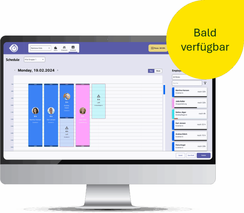 Die Oberfläche der Dienstplanung wird angezeigt. Auf dem Bild steht "Bald verfügbar".