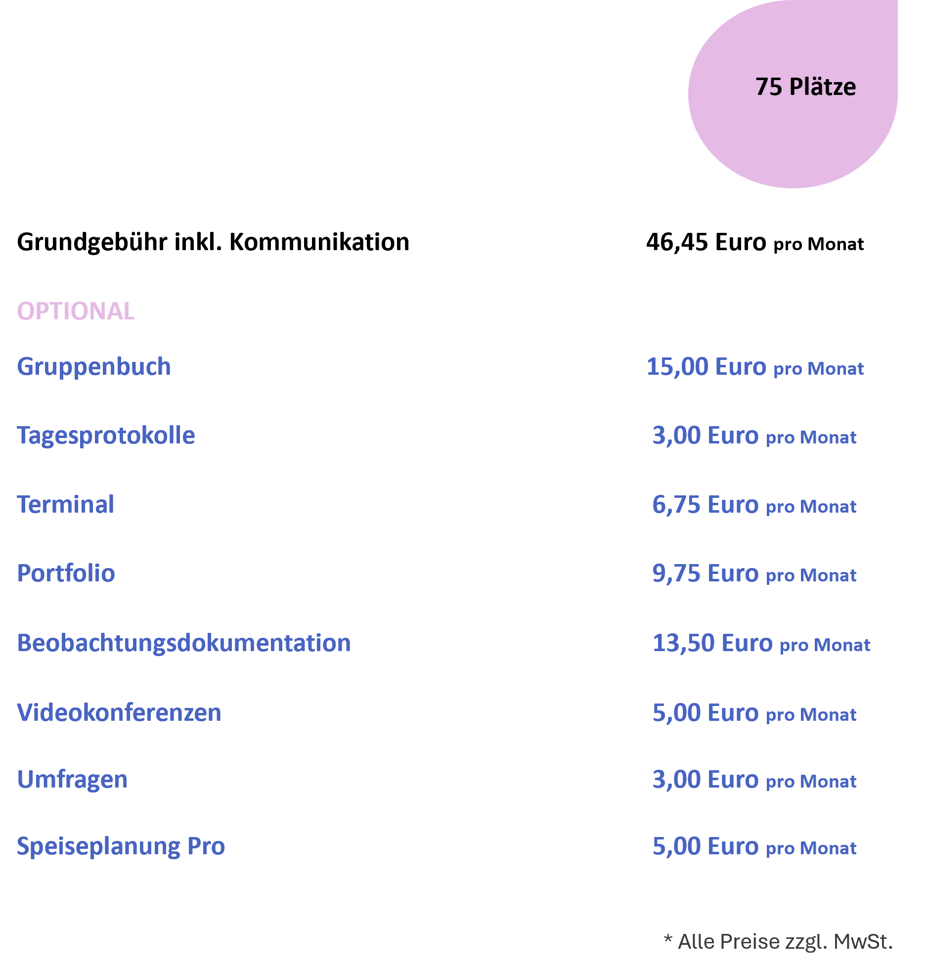 Rechenbeispiel für die Grundgebühren inklusive Kommunikation für 30,80 Euro pro Monat. Alle Preise zuzüglich Mehrwertsteuer.