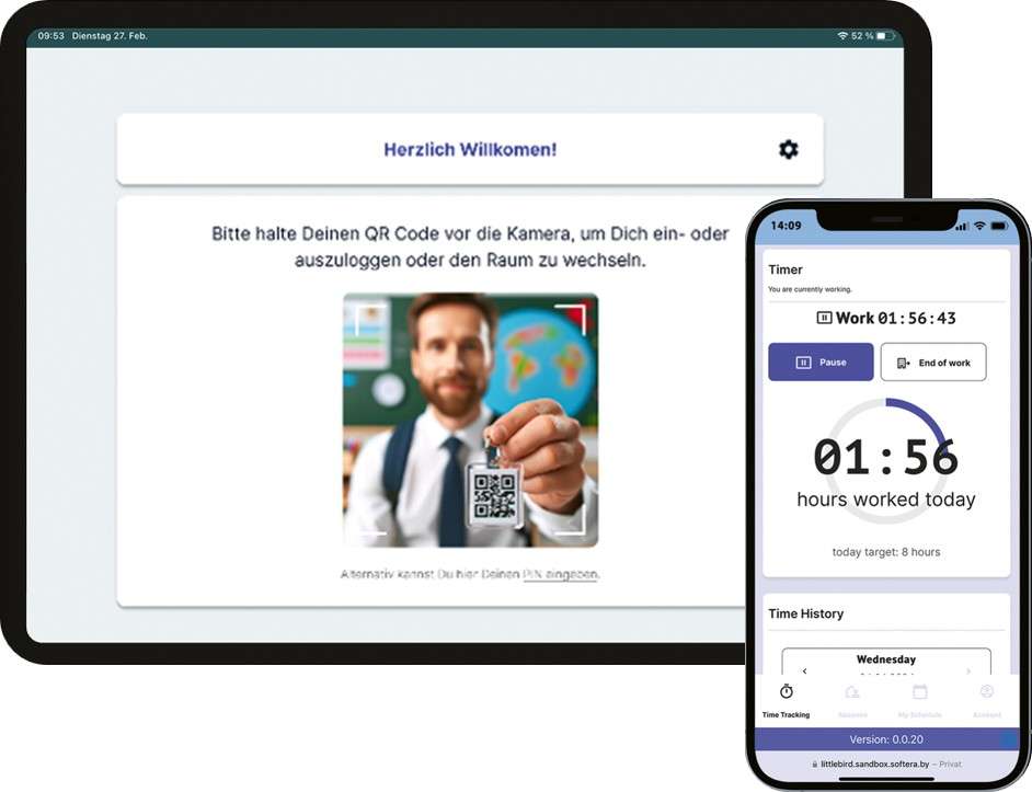 Die Oberfläche der Arbeitszeiterfassung wird gezeigt. Mitarbeiter hält ein QR-Code hoch, um sich einzuloggen in die Oberfläche.
